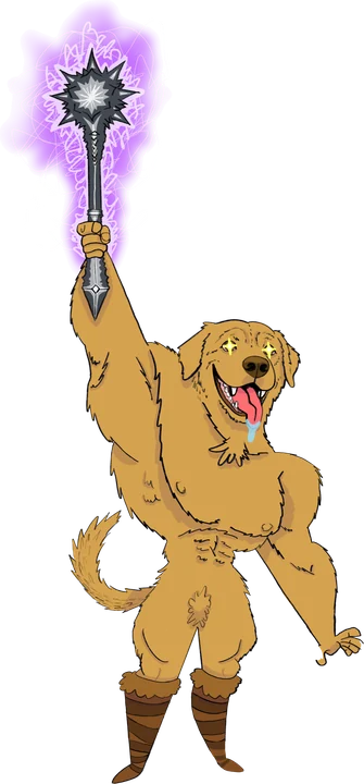 Goodboy: a very muscular, very happy golden retriever holding a glowing mace aloft