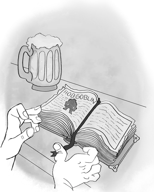 Chapter heading illustration: hands opening an old book to a page headed Hobgoblin, beside a foaming tankard