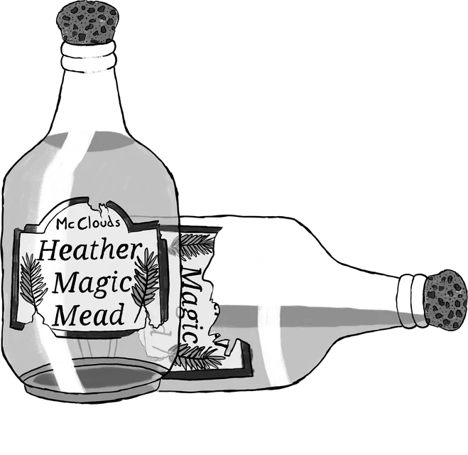 Chapter heading illustration: two bottles of McClouds Heather Magic Mead, one tipped over