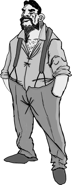 Chapter heading illustration: a broad, bearded man in braces with his hands in his pockets
