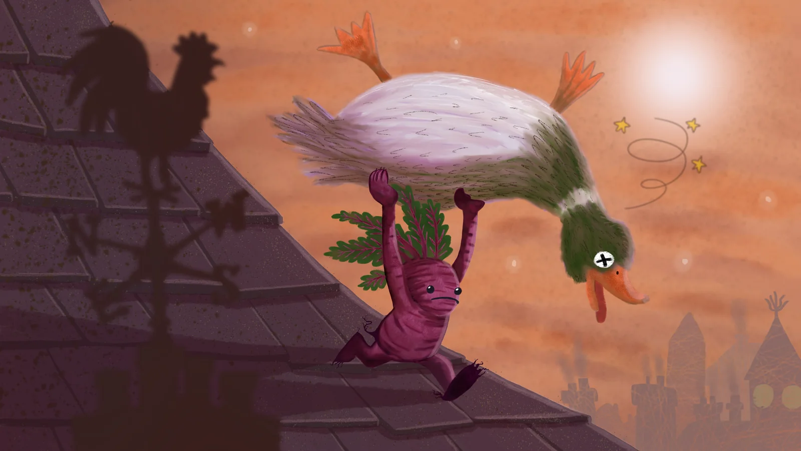 A worried beetroot creature hauls a dazed duck across moonlit rooftops, past the silhouette of a weathercock