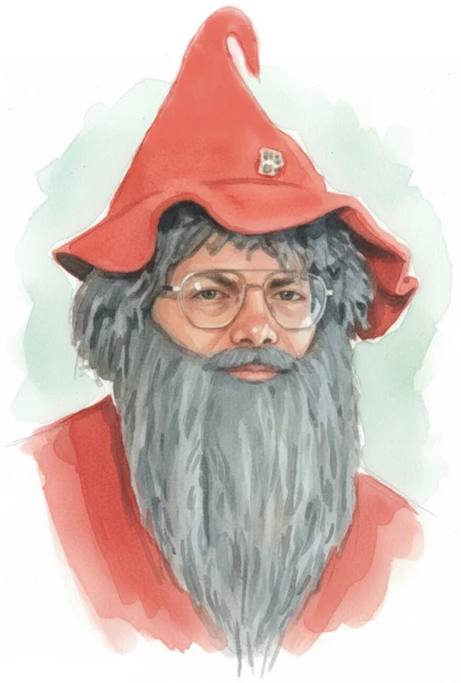 Watercolour portrait of Wilfred Bumblethump: red pointed hat, round glasses and an enormous grey beard